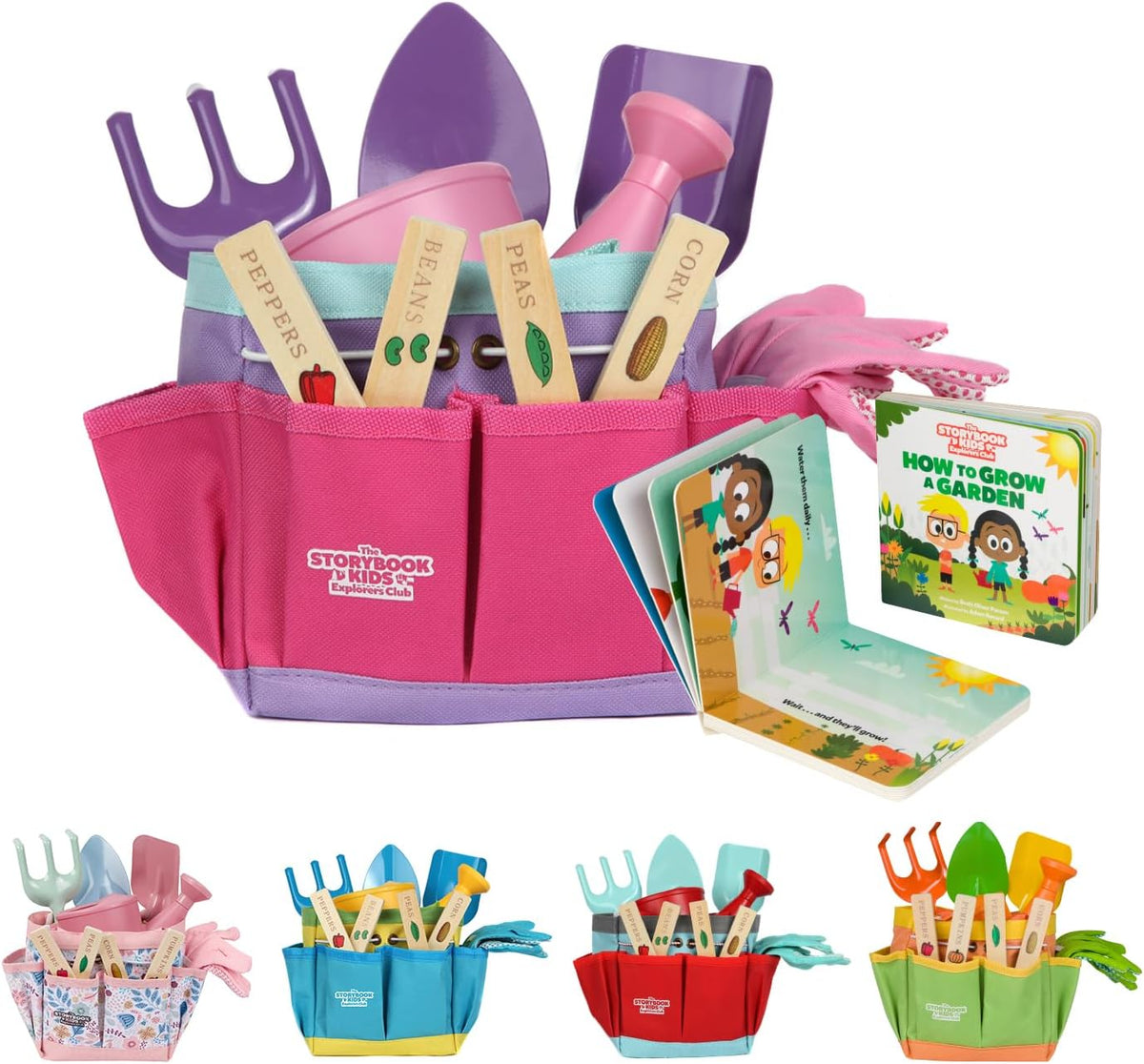 Pink Kids Gardening Tools - includes Sturdy Tote Bag, Watering Can, Gloves, Shovels, Garden Stakes