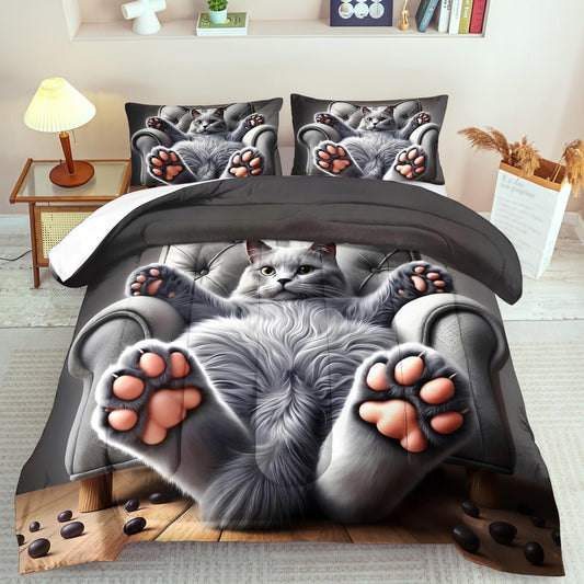 Cute Cat Comforter Set Twin,Grey Kawaii Cat Bedding Set Adult,Cute Animal Comforter for