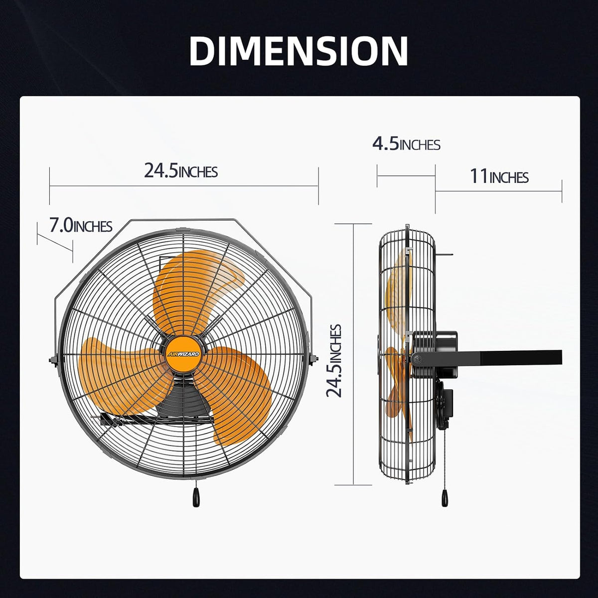 20 Inch Industrial Wall Mount Fan, 4850 CFM High Velocity Metal Wall Fan, 3 Speed, Adjustable Tilt