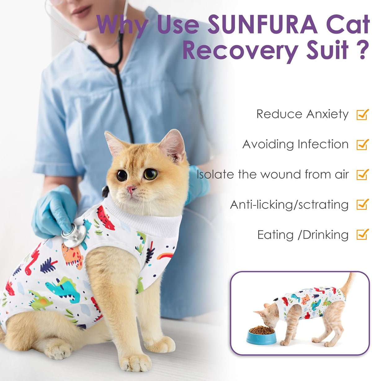 SUNFURA Cat Recovery Suit, Kitten Surgical Full Bodysuit for Abdominal Wound Protector Anti Licking