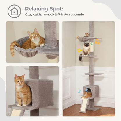PEQULTI Floor to Ceiling Cat Tree, Tall Cat Tower, Adjustable Height (83''-108'') 5 Levels Climbing