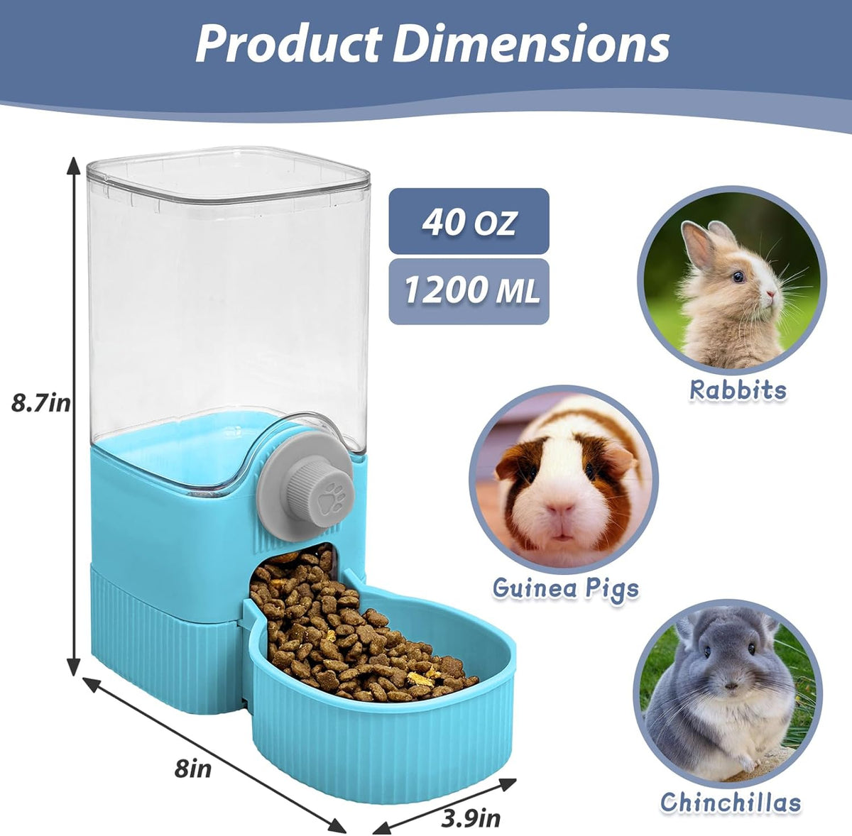 Fhiny Rabbit Food Dispenser, 40oz Large Capacity Hanging Gravity Bunny Feeder for Cage Automatic