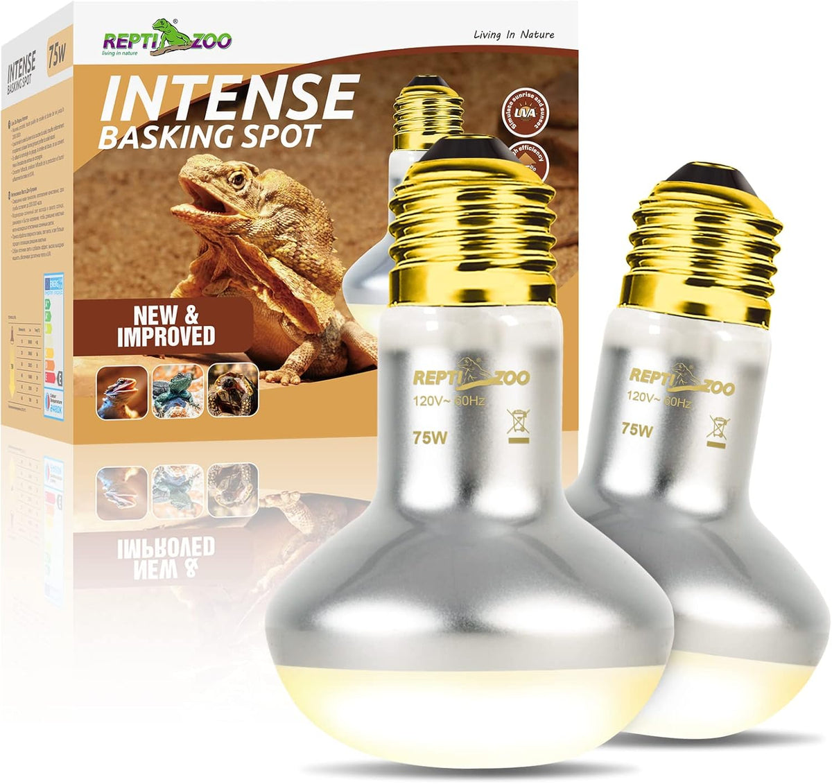 REPTI ZOO 2 Pack Heat Lamp 75W, Intense Basking Spot Simulated Natural Sunlight Heating Lamp Bulb