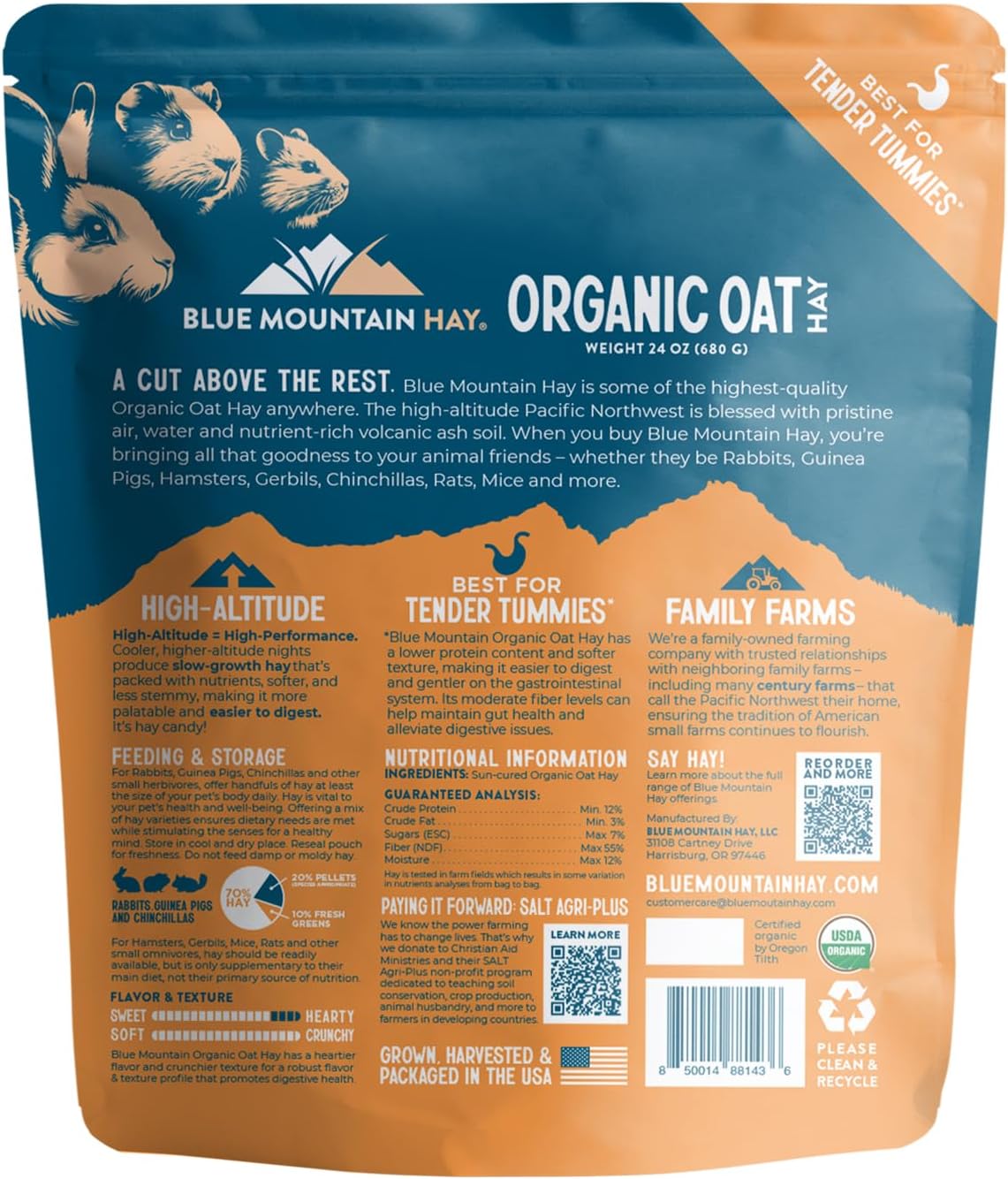 Blue Mountain Hay | Fresh Organic Oat Hay (24 Ounce) | Good for Sensitive Digestion | High-Altitude