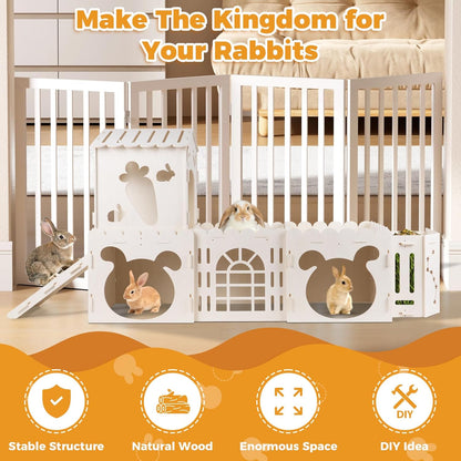 Extra Large Rabbit House, Wooden Bunny House Hideout with 4 Houses and Hay Feeder Indoor, Rabbit