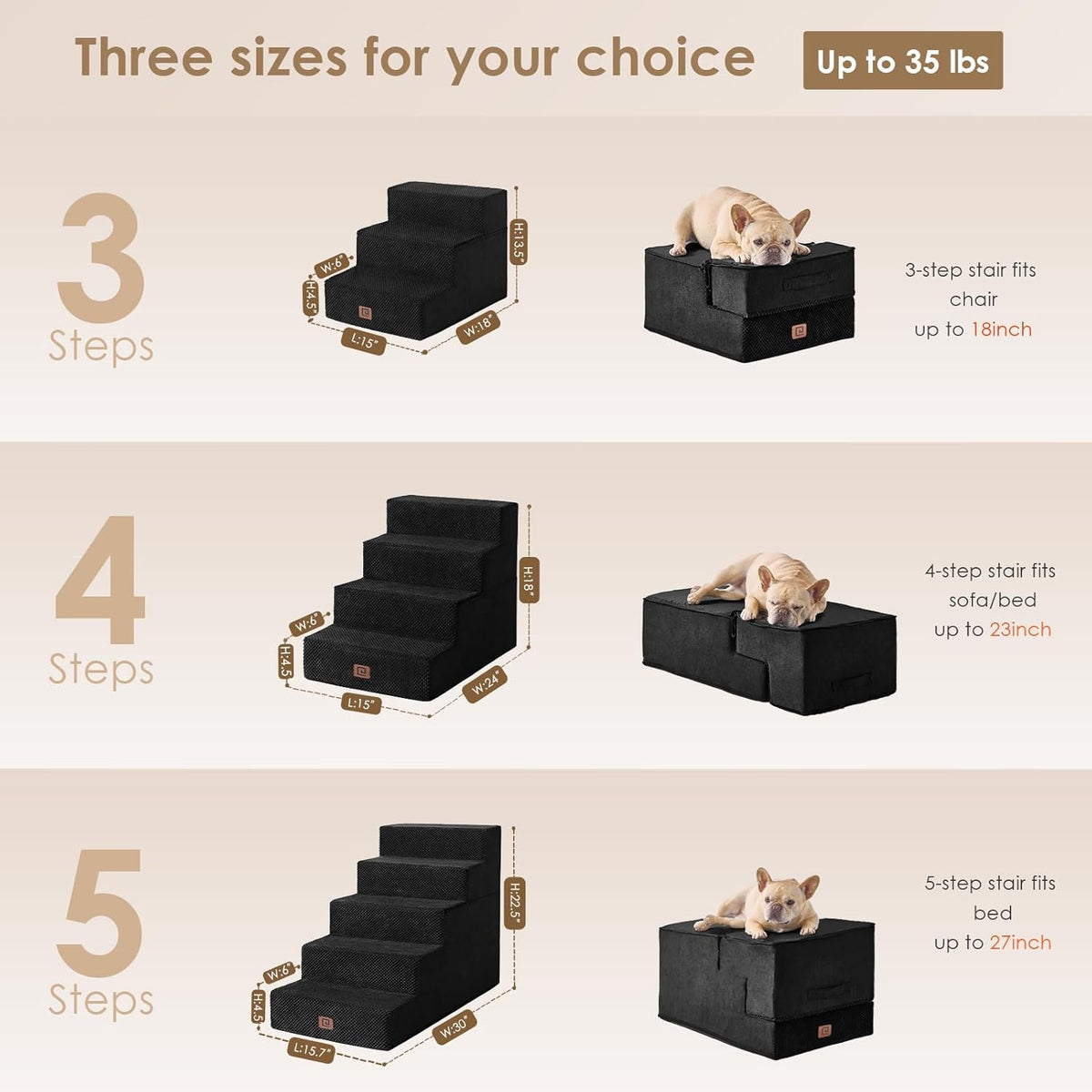 EHEYCIGA Dog Stairs for Small Dogs 13.5" H, 3-Step Dog Steps for Couch Sofa and Chair, Pet Steps