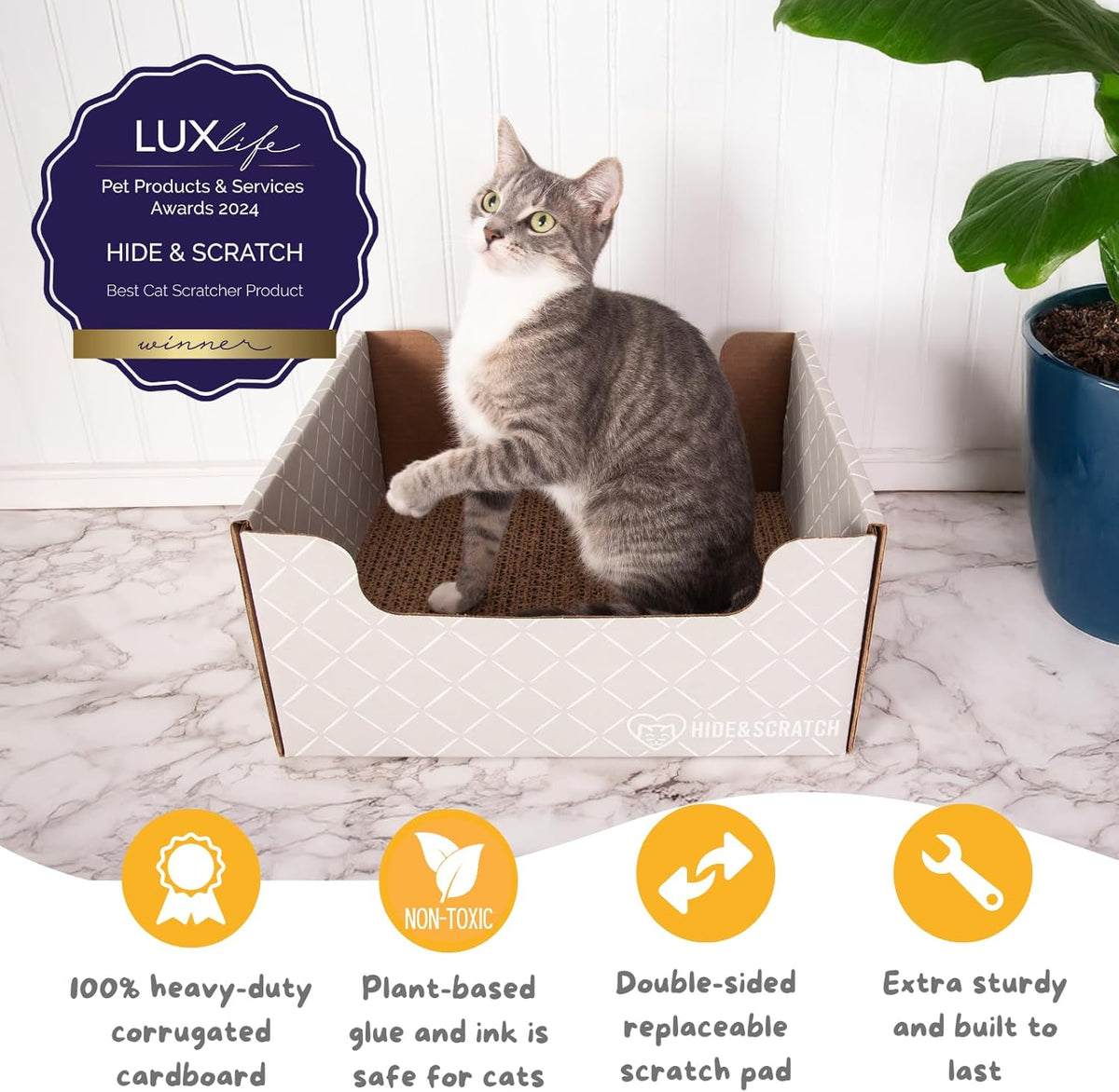 HIDE & SCRATCH Cat Scratcher Box and Cat Bed with Refillable Double-Sided Cardboard Scratch Pad for