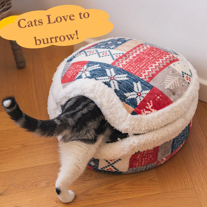 Cat Cave Bed – Plush, Warm & Calming Hideaway with Detachable Lid & Mat, Covered House for Indoor