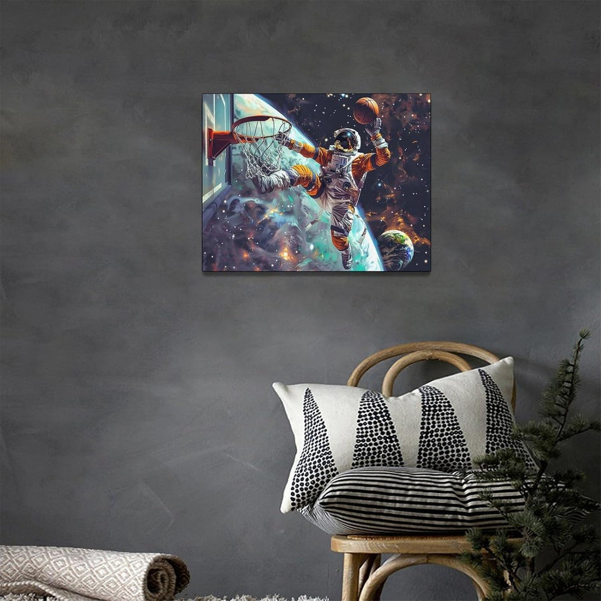 Quorin Astronaut Wall Art Funny Spaceman Basketball Pictures Space Galaxy Planet Wall Decor Canvas