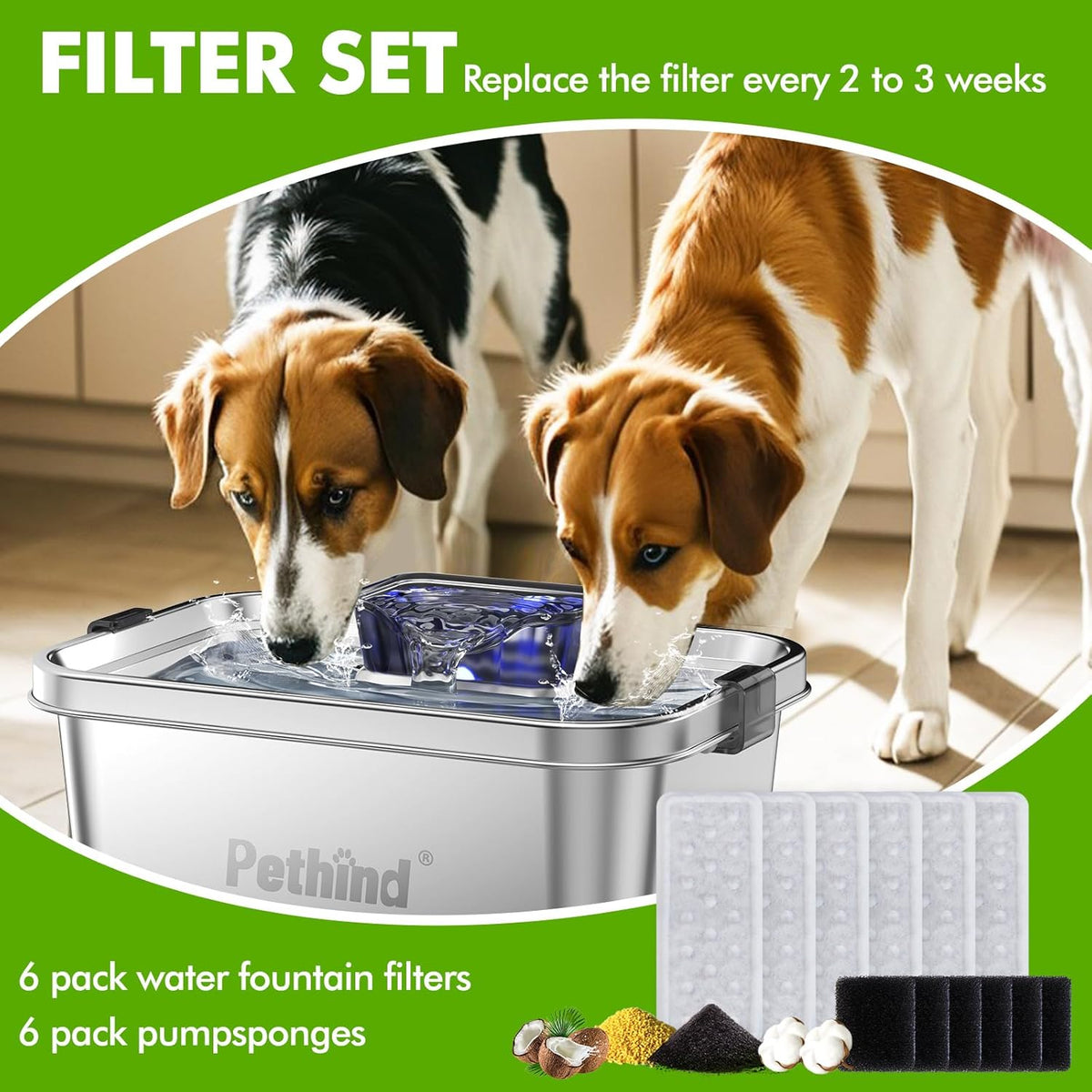 6 Pack Dog Water Fountain Filters and 6 Pack Sponges, Suitable for Stainless Steel 2Gal/264oz Dog