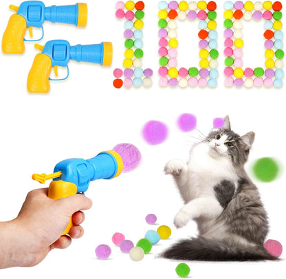 100Pcs Cat Toys Pom Pom Balls with 2 Launchers Set, Interactive Cat Toy Stuff for Indoor Both Adult