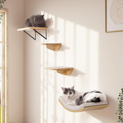 Cat Wall Shelf & Window Perch Combo, Wood Cats Wall Furniture with Soft Foam Curved Bed and