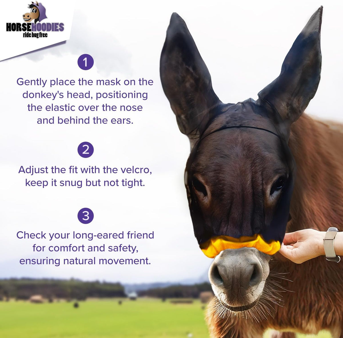Donkey Fly Mask with Long Ears (Orange) Made in USA - Mule Fly Mask with Ears Protection from