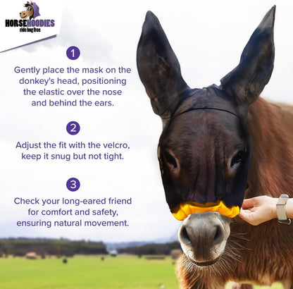Donkey Fly Mask with Long Ears (Black) Made in USA - Mule Fly Mask with Ears Protection from