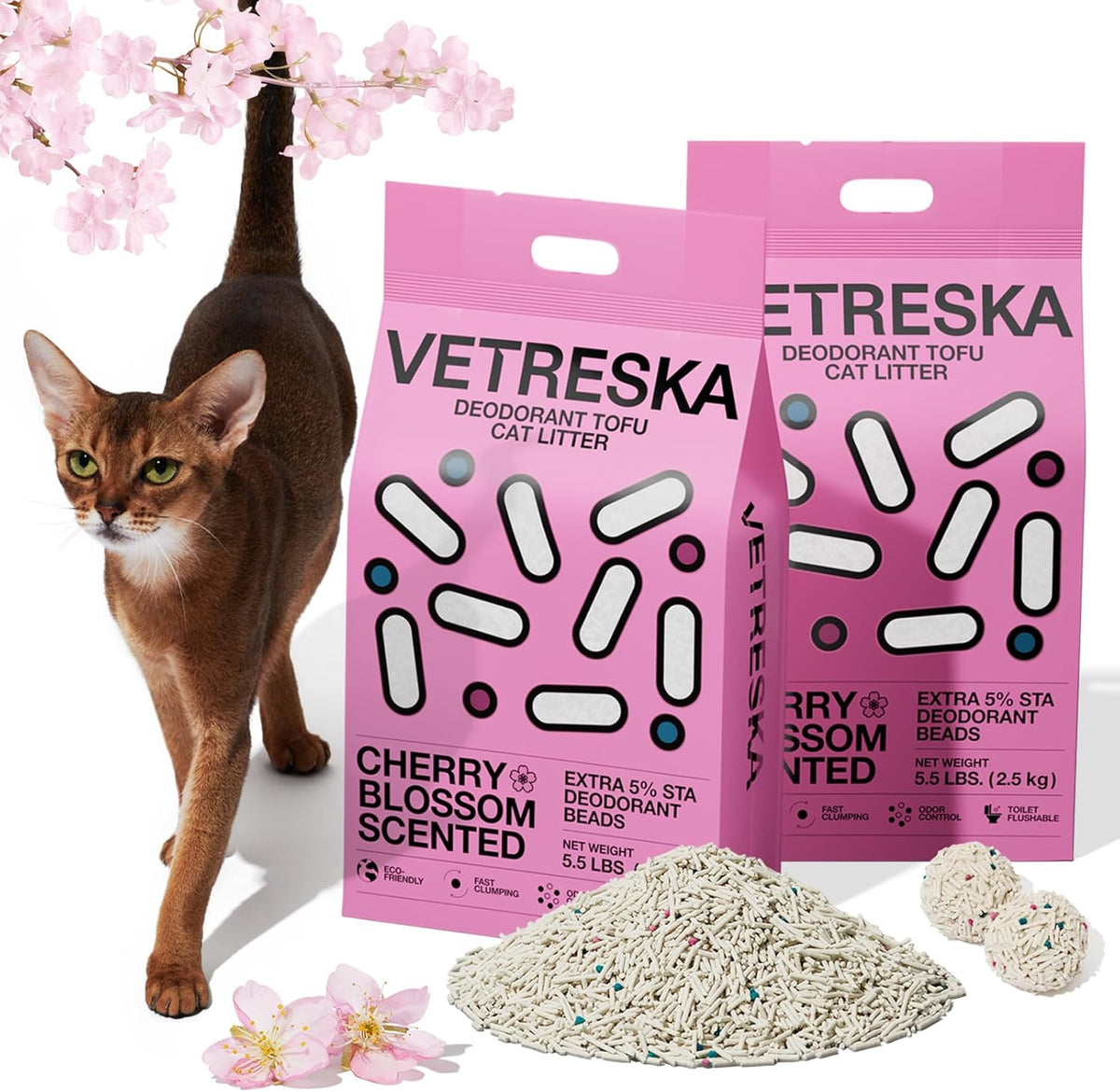 VETRESKA Cherry Blossom Tofu Cat Litter,Natural Kitty Litter Strong Clumping Flushable Cat Litter