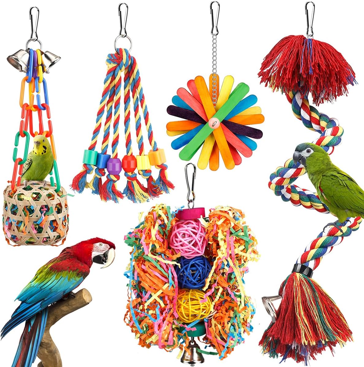 Bird Toys Rope Perch with Bell Colorful Bird Chewing Shredding Foraging Toys Parrot Swing Climbing