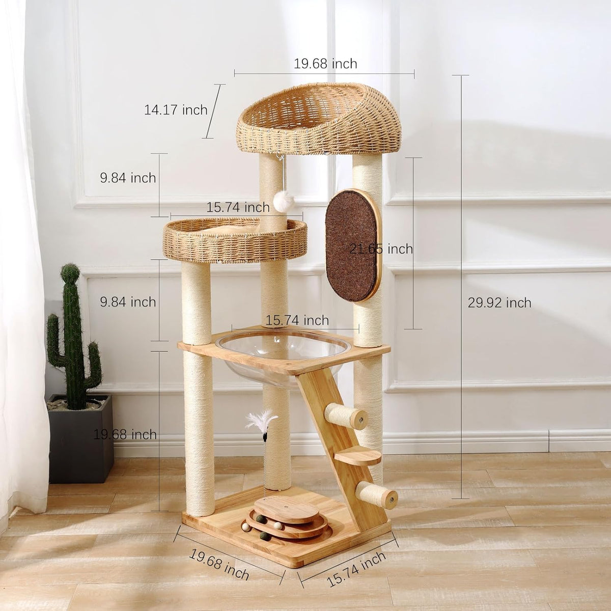 Solid Wood Cat Tree, 50 Inch Modern Cat Tower with Space Capsule, Hand-Woven Basket Nest, Sisal