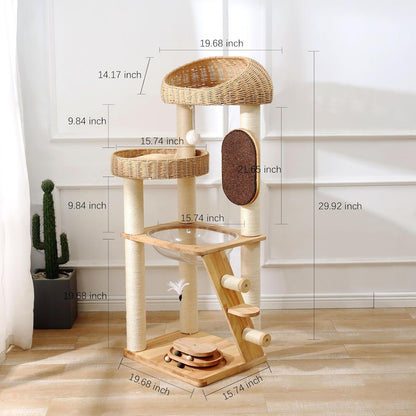 Solid Wood Cat Tree, 50 Inch Modern Cat Tower with Space Capsule, Hand-Woven Basket Nest, Sisal