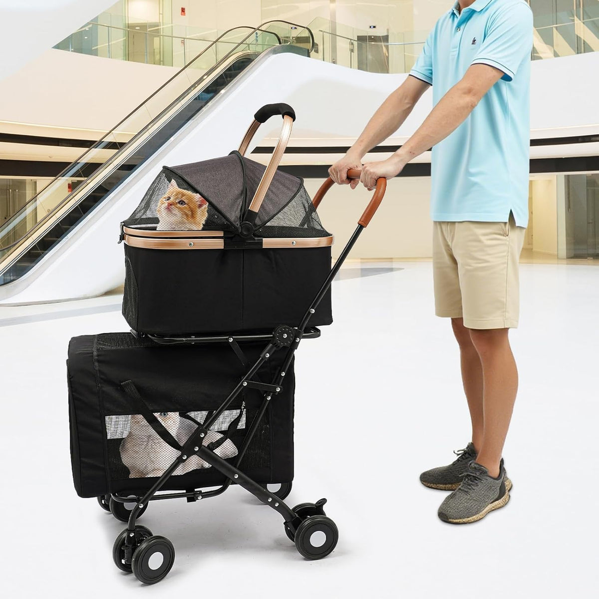 Double Pet Stroller with Detachable Carriers, Large Cat & Dog Stroller with 4 Wheels, Foldable Pet