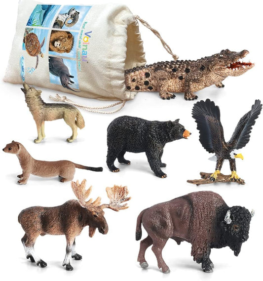 Volnau Safari Animal Figurines Toys 7PCS North America Figures Zoo Pack for Toddlers Kids Christmas