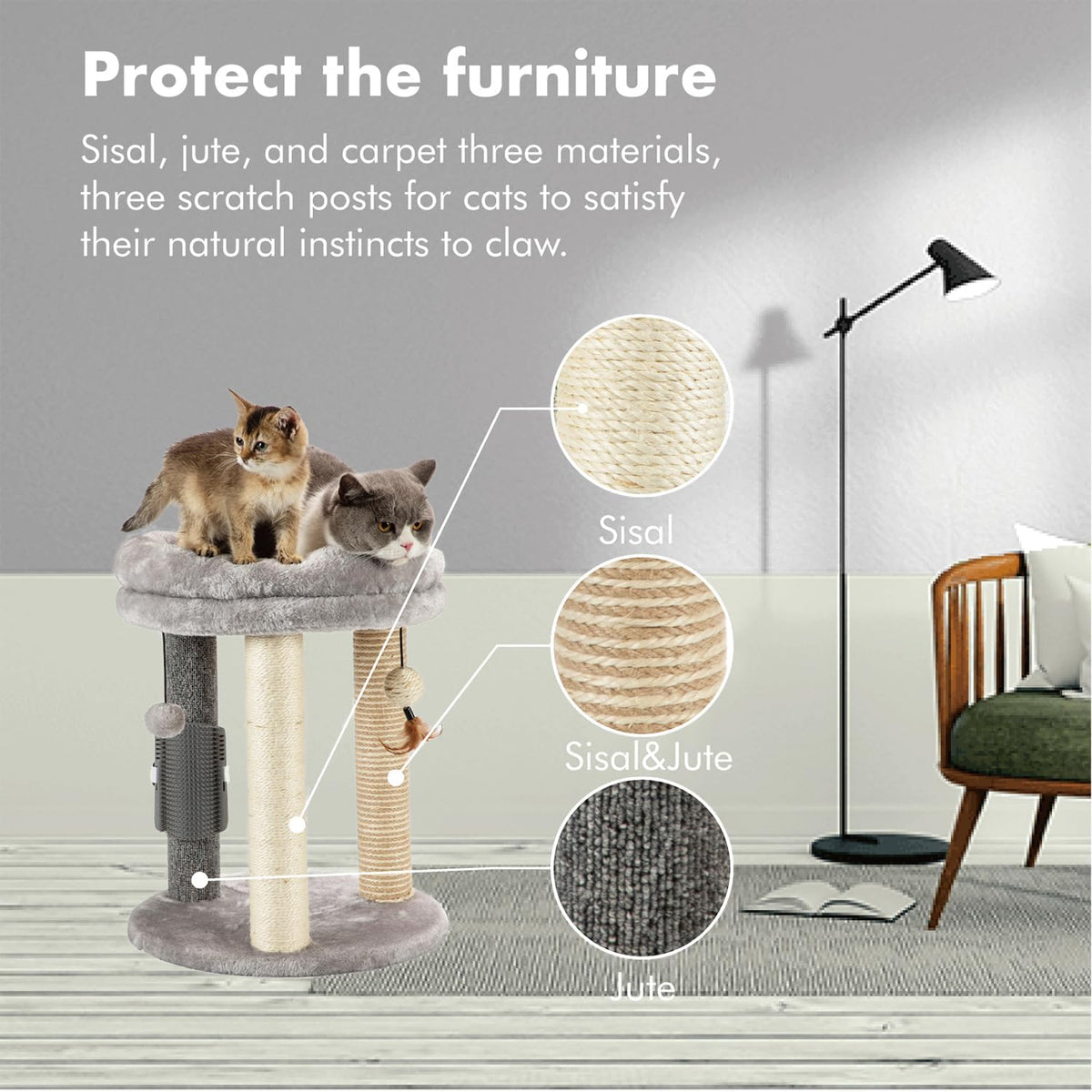 MECOOL 4in1 Small Cat Tree,Scratching Post with Tower Soft Bed, Sisal Carpet Jute Posts with Three