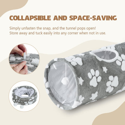 Straight Cat Tunnel for Indoor Cats 47"x12", Cute Cat Toys Collapsible Tunnel Tube with Balls for