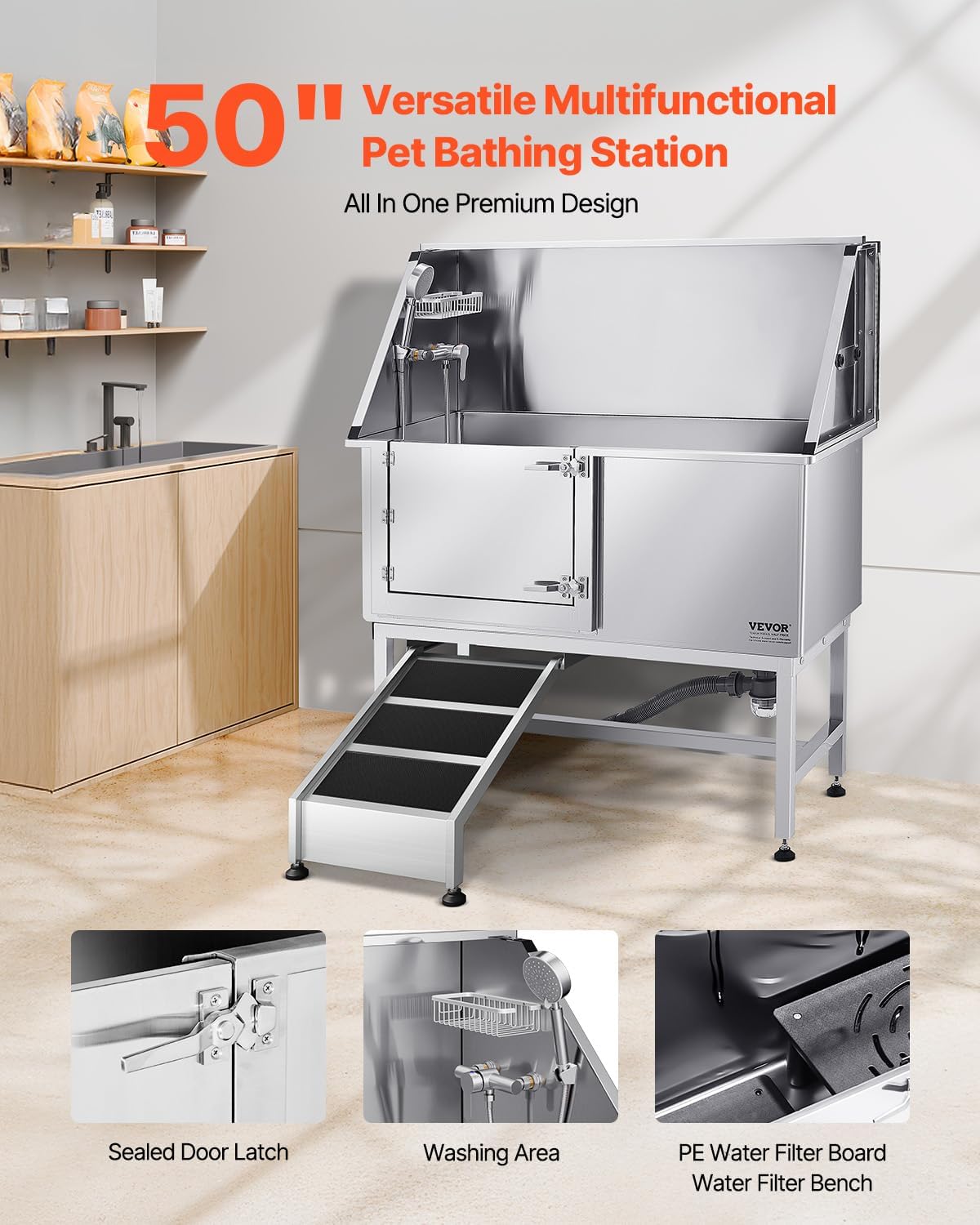 VEVOR Stainless Steel Dog Washing Station, 50 inch Pet Grooming Tub w/Ramp, PE Water Filter Board