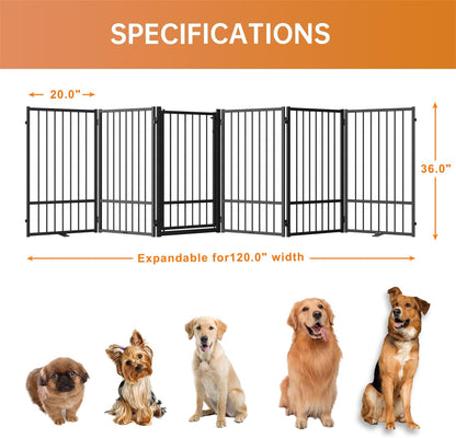 Full Metal Freestanding Dog Gate with Door, 36''Height Foldable Pet Dog Fence for Indoor & Outdoor