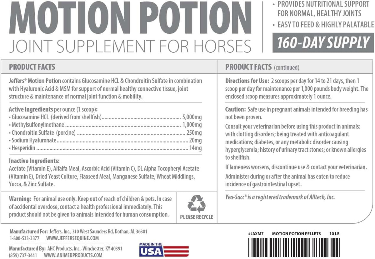 Jeffers Motion Potion Pellets Joint Supplement for Horses, 10 lb- Glucosamine, MSM, Chondroitin