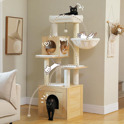 PEQULTI 57.5" Cat Tree with Litter Box Enclosure Large, Wood Cat Tower for Indoor Cats with Storage