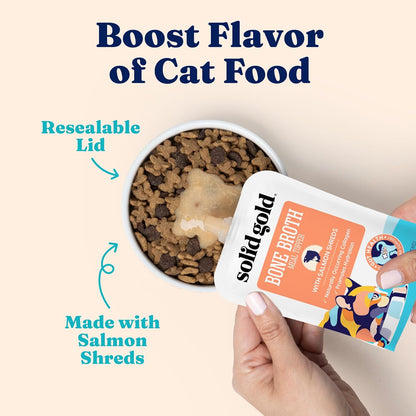 Solid Gold Bone Broth Cat Food Topper - Limited Ingredient Lickable Cat Broth Pouches w/Salmon