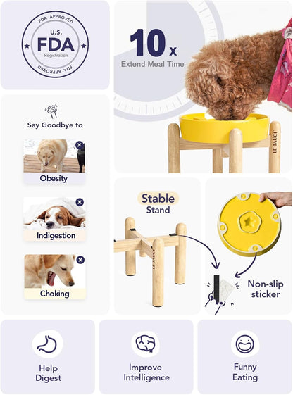 LE TAUCI Ceramic Slow Feeder Dog Bowls Elevated, 3 Cup Raised Bowl with Wooden Stand for Medium