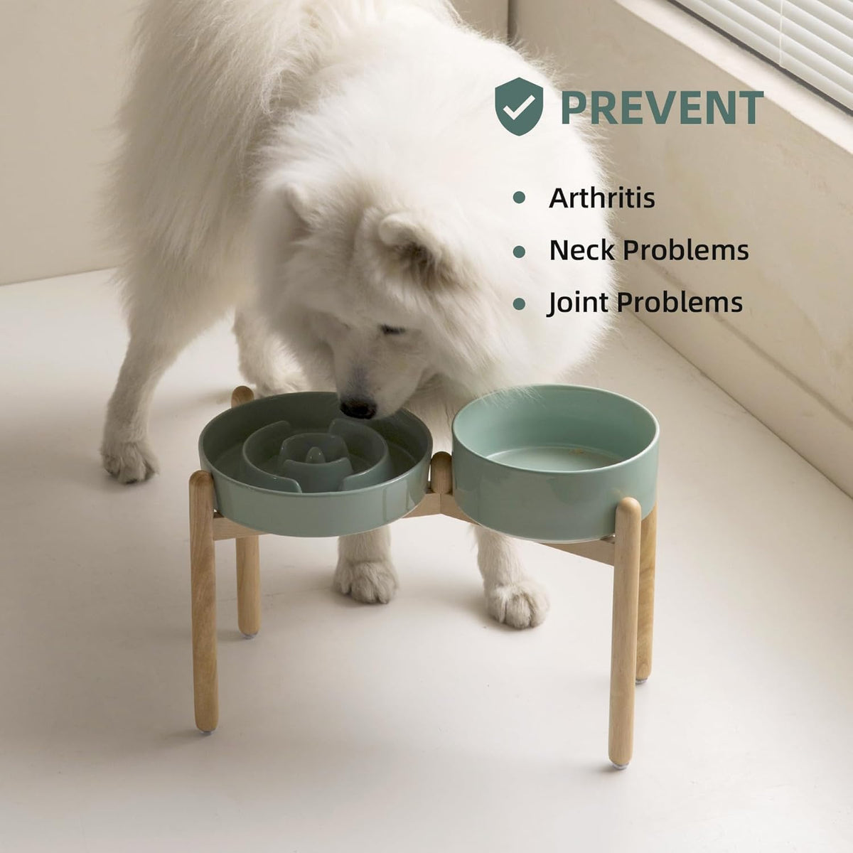 Ceramic Raised Slow Feeder Dog Bowl Set, Elevated 8.2inch Bowl and 9.5inch Puzzle Slow Food Dish