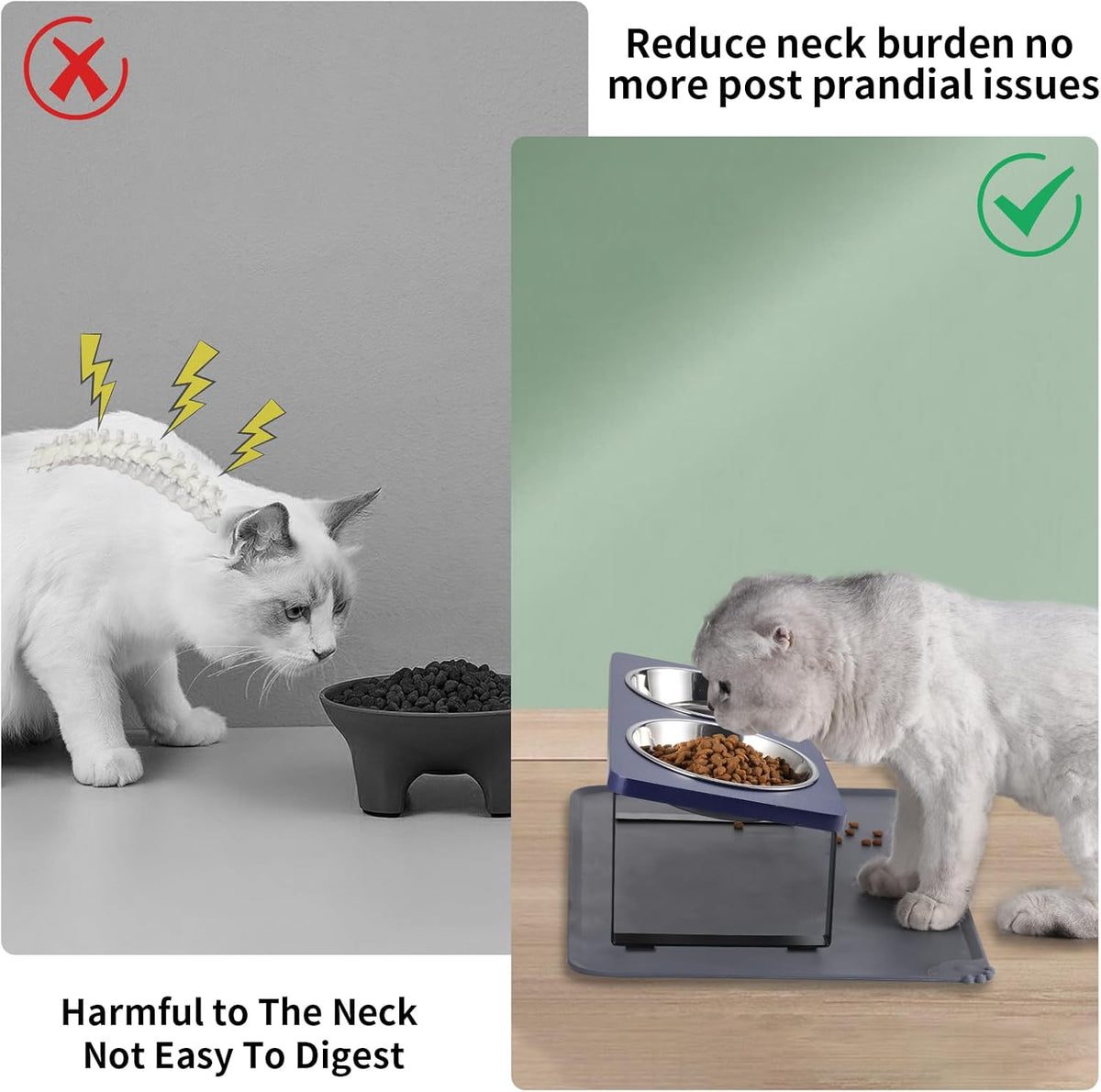 Upgraded Elevated Cat Bowls with Food Mat,15°Tilted Stand Anti Vomiting Raised Cat Dishes for Food