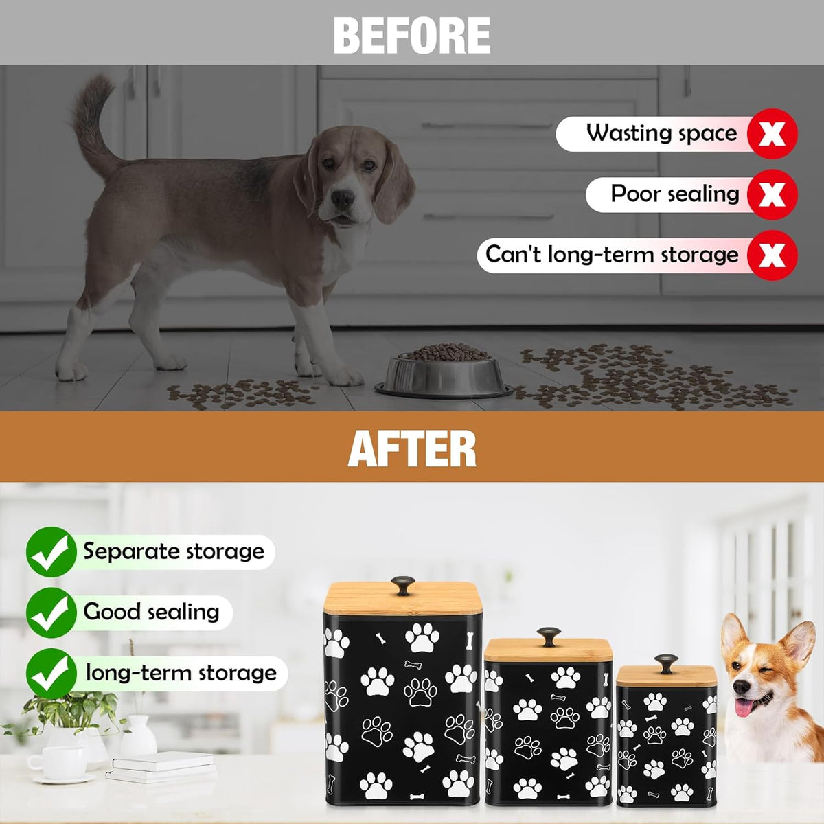 3 Pack Airtight Dog Food Containers with Bamboo Lids, Metal Dog Treat Jars Canisters for Kibble