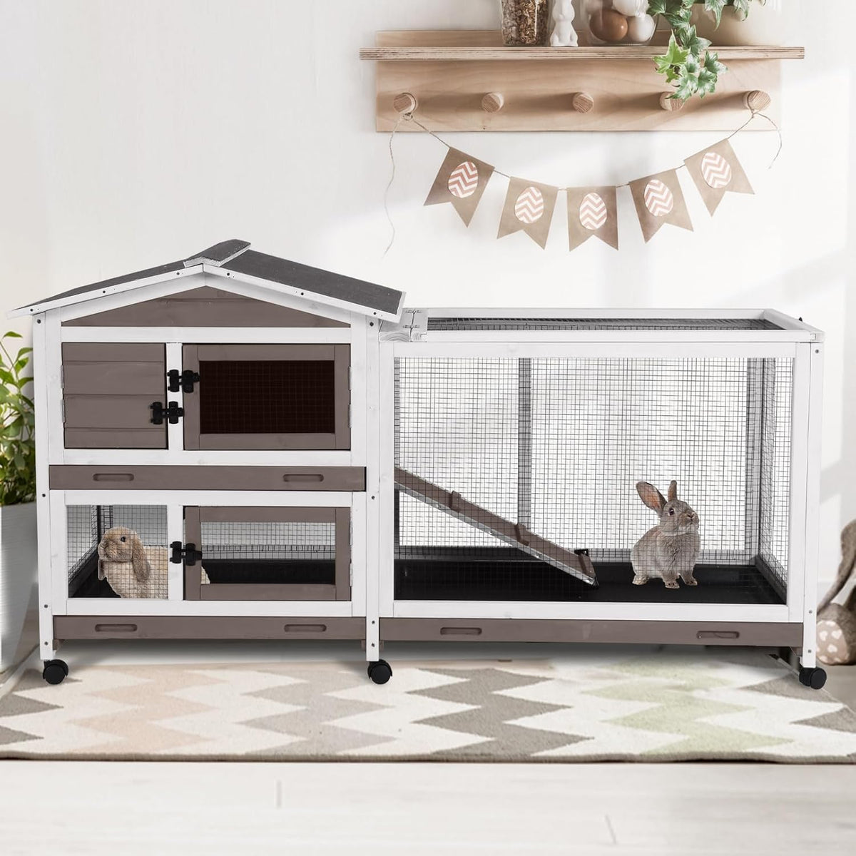 2-Story Indoor Rabbit Hutch with Chew-Proof Outdoor Rabbit Cage with 6 Locking Casters Bunny Cage 2