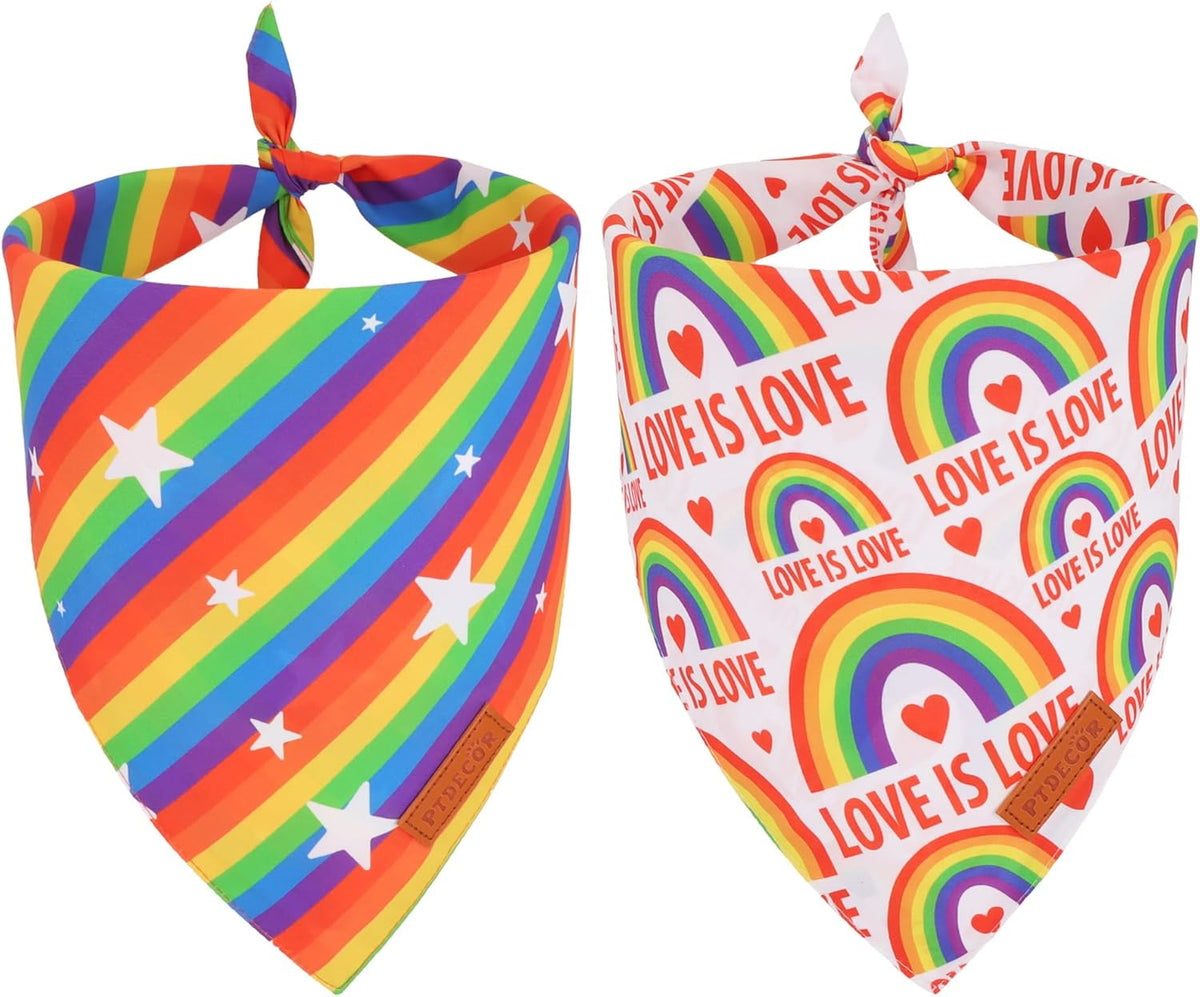 PTDECOR Rainbow Dog Bandanas Pride Day, Multi Size,“Love is Love” Pet Scarf Reversible Triangle