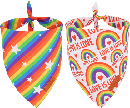 PTDECOR Rainbow Dog Bandanas Pride Day, Multi Size,“Love is Love” Pet Scarf Reversible Triangle