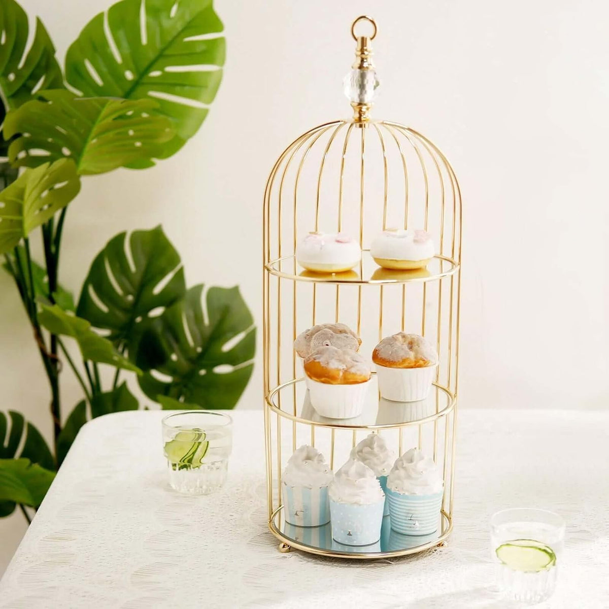Efavormart 22" - 3 Tier Crystal Mirror Top Gold Metal Bird Cage Cupcake Cake Stand, Dessert Display