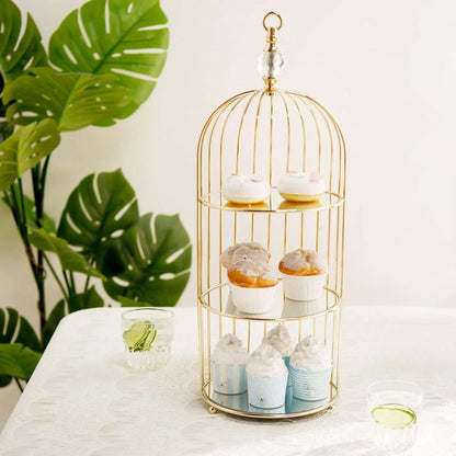 Efavormart 22" - 3 Tier Crystal Mirror Top Gold Metal Bird Cage Cupcake Cake Stand, Dessert Display