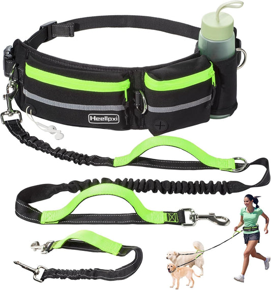 Hands-Free Waist Leash with Pouch for Two Dogs: Reflective Stitching, Dual Handle & Bungee