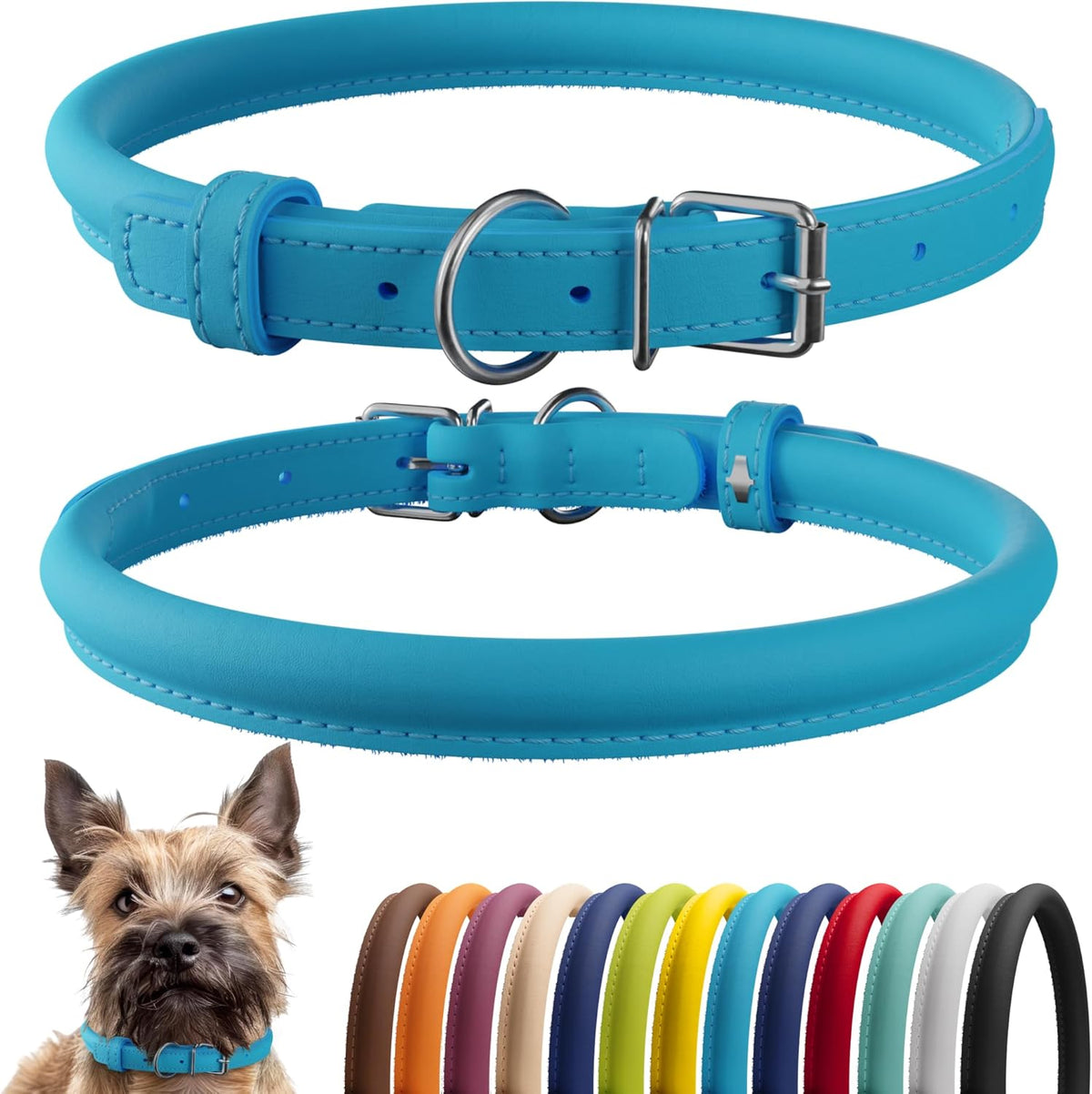CollarDirect Rolled Leather Dog Collar, Soft Padded Round Puppy Collar, Handmade Genuine Leather