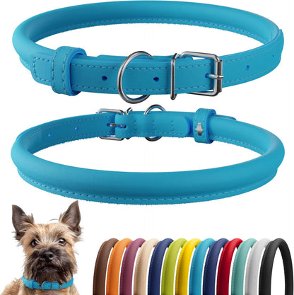 CollarDirect Rolled Leather Dog Collar, Soft Padded Round Puppy Collar, Handmade Genuine Leather