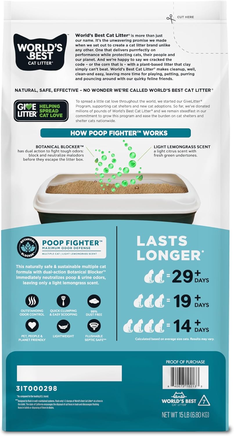 WORLD'S BEST CAT LITTER Poop Fighter Maximum Odor Defense, 15-Pounds - Natural Ingredients, Quick
