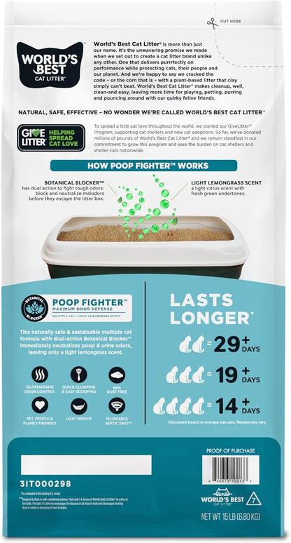 WORLD'S BEST CAT LITTER Poop Fighter Maximum Odor Defense, 15-Pounds - Natural Ingredients, Quick