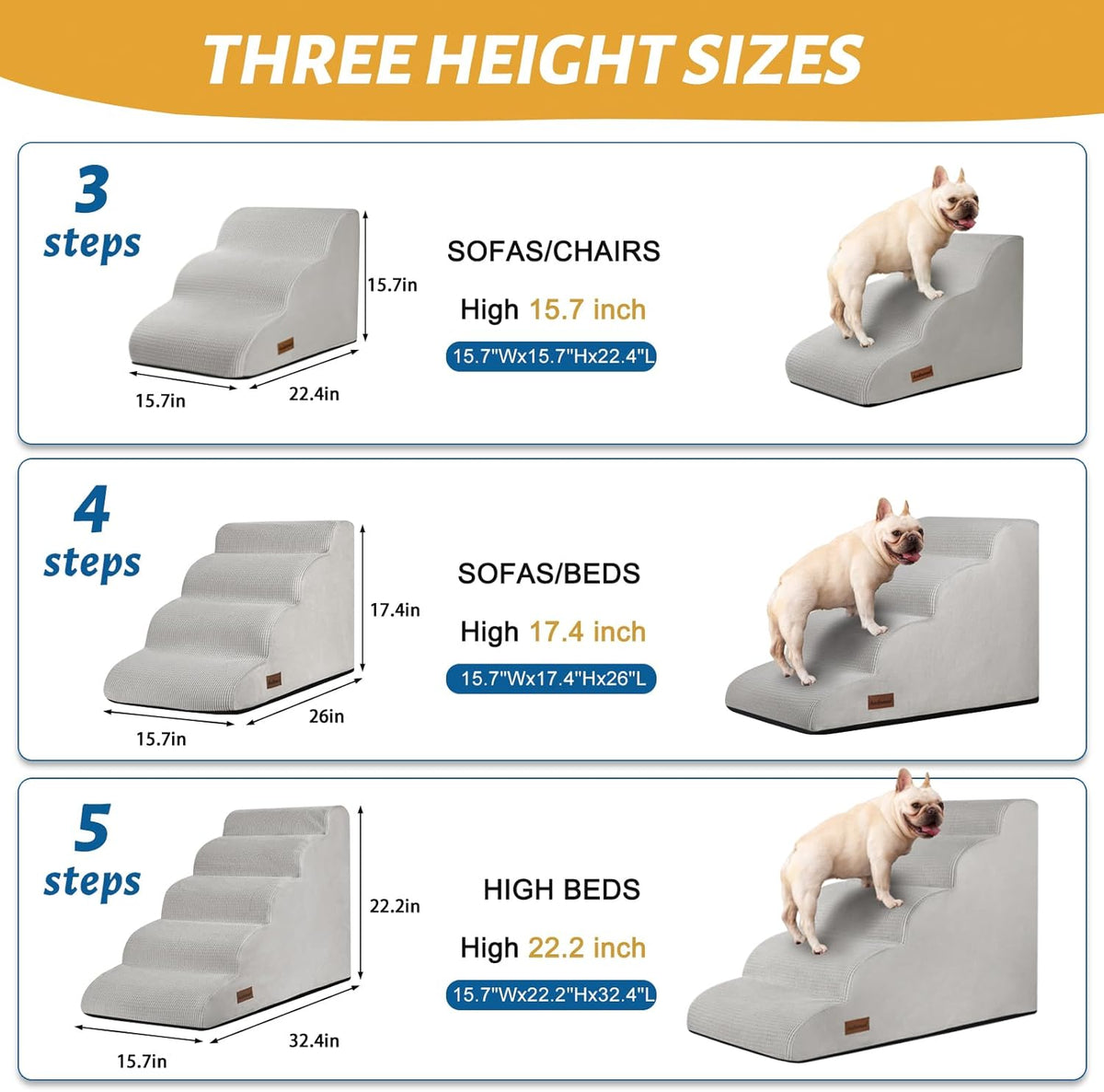 5-Step Dog Stairs and Ramp for High Bed, Non-Slip Sturdy Pet Steps for Small Dogs and Cats,22.2"