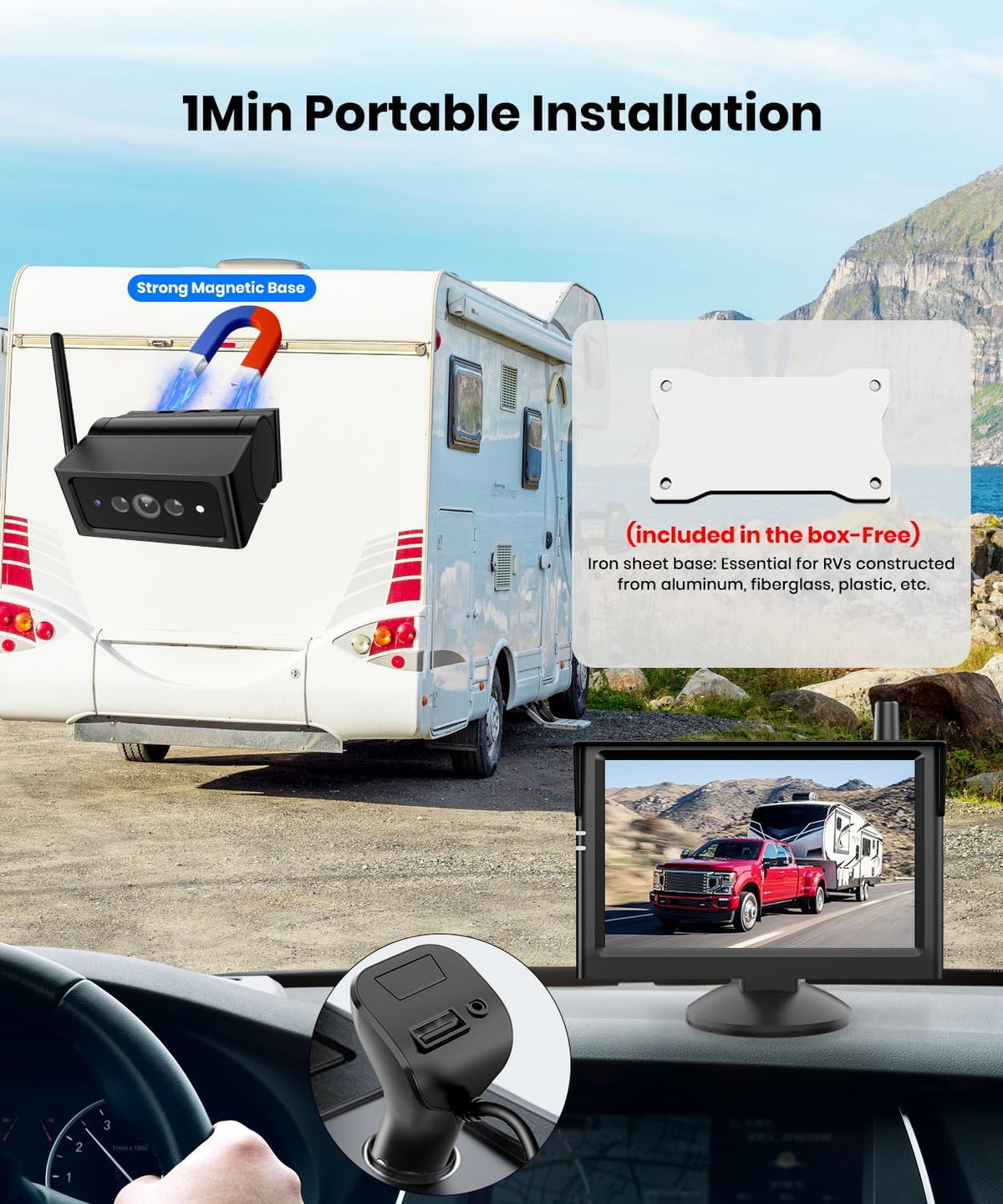 AUTO VOX Wireless Backup Camera Magnetic: 5" Portable No Wiring 1 Min Install Trailer Hitch Camera