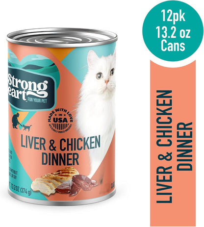 A Strong Heart Canned Wet Cat Food, Liver & Chicken Dinner - 13.2 oz Cans (Pack of 12), Made in The