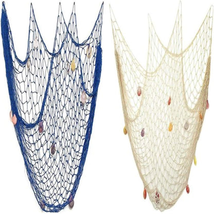 Nature Fish Net Wall Decoration with Shells, Ocean Themed Wall Hangings Fishing Net Party Decor for