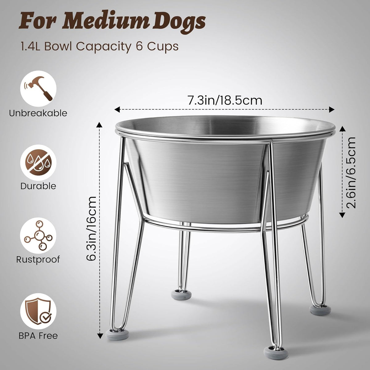 Elevated Dog Bowls for Medium&Small Dogs - Stainless Steel 48oz/6 Cups Raised Feeder with Non-Slip